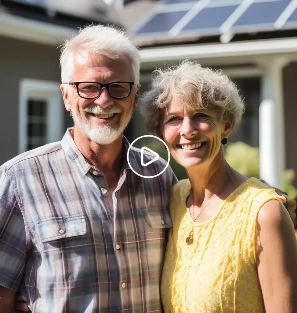 Couple satisfait posant devant leur maison équipée de panneaux solaires A+ énergies