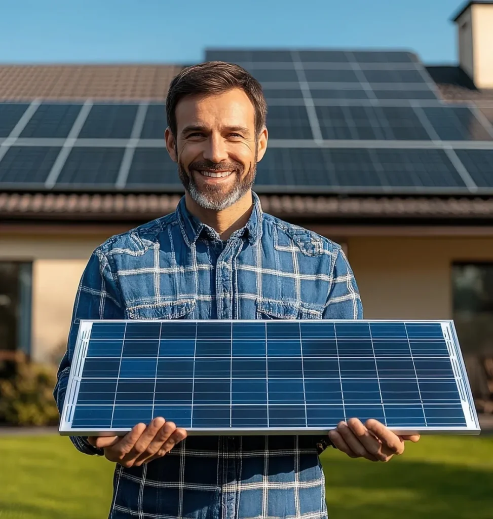 Personne tenant ou présentant un panneau solaire photovoltaïque A+ énergies